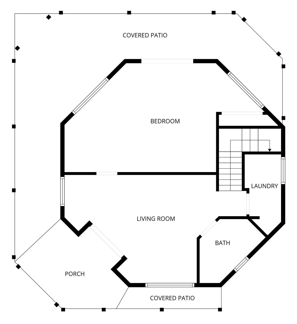 Floor plan of level 1: bedroom, living room, bath, laundry, porch and covered lanai