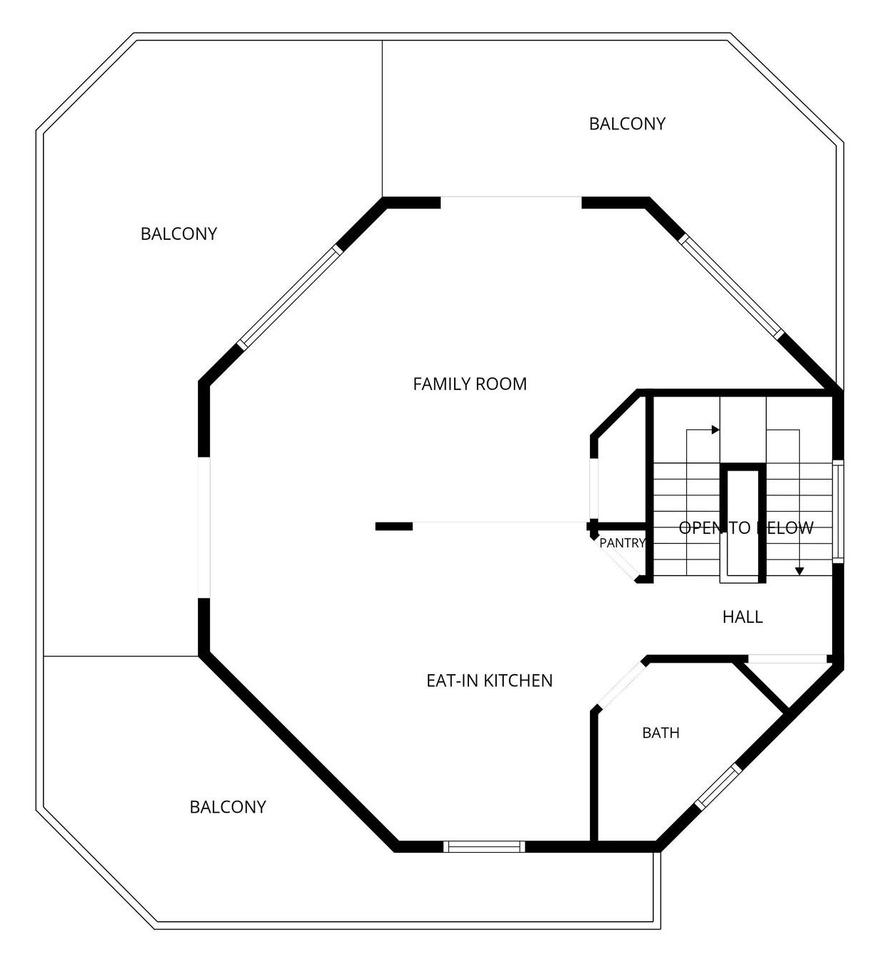 Floor plan of level 2: eat-in kitchen, family room, pantry, bath and lanais